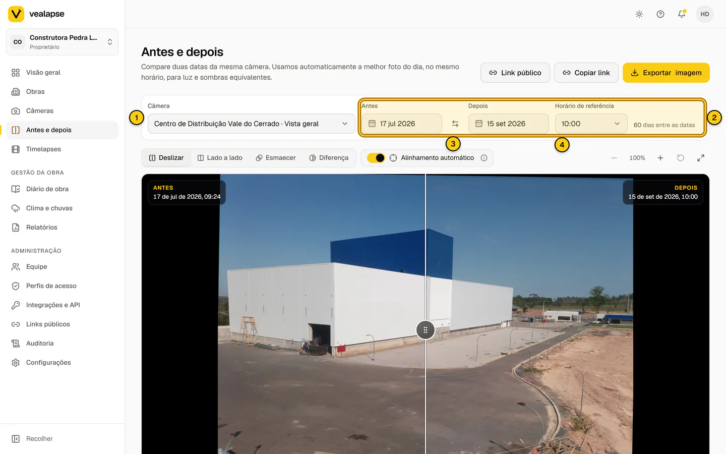 Seleção da comparação: câmera, datas Antes e Depois, o botão para inverter as datas e o Horário de referência.