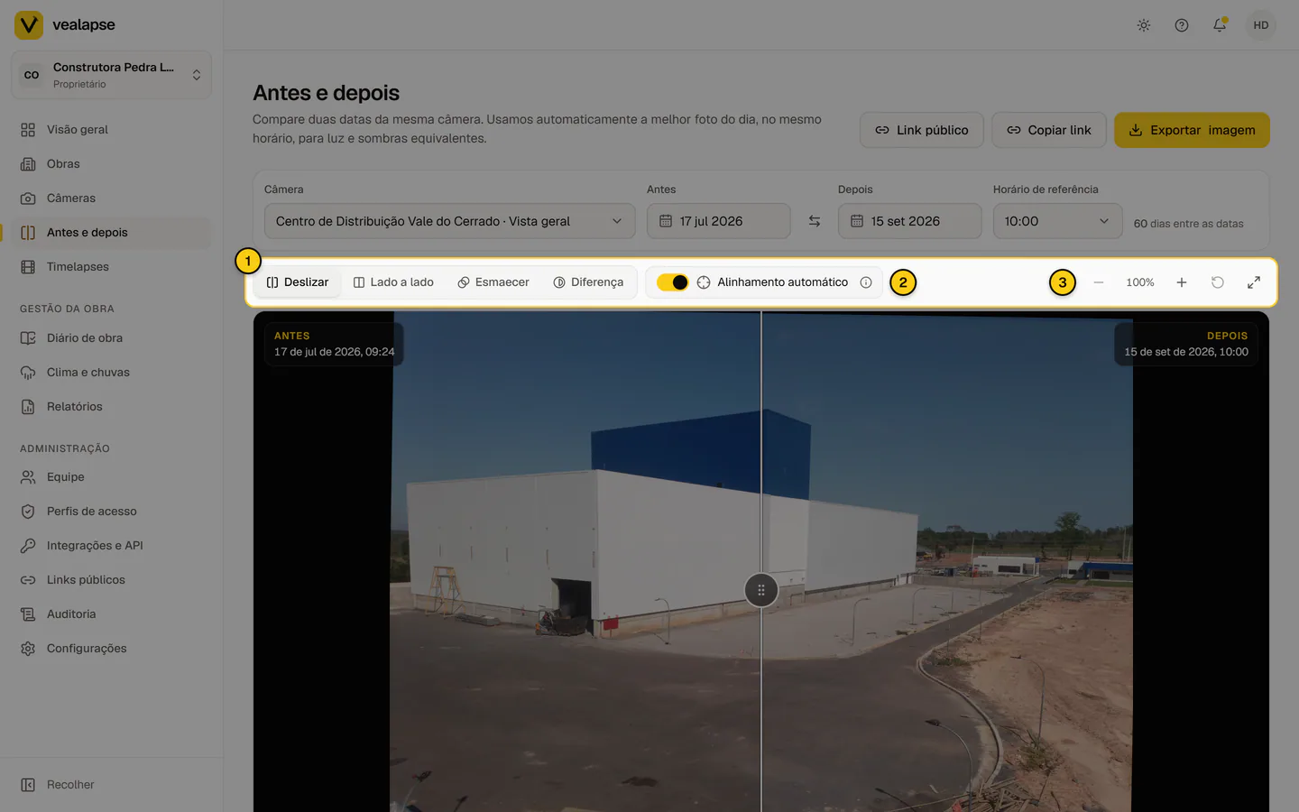 Tela Antes e depois no modo Deslizar, com a barra de modos e o interruptor Alinhamento automático acima das duas fotos sobrepostas.