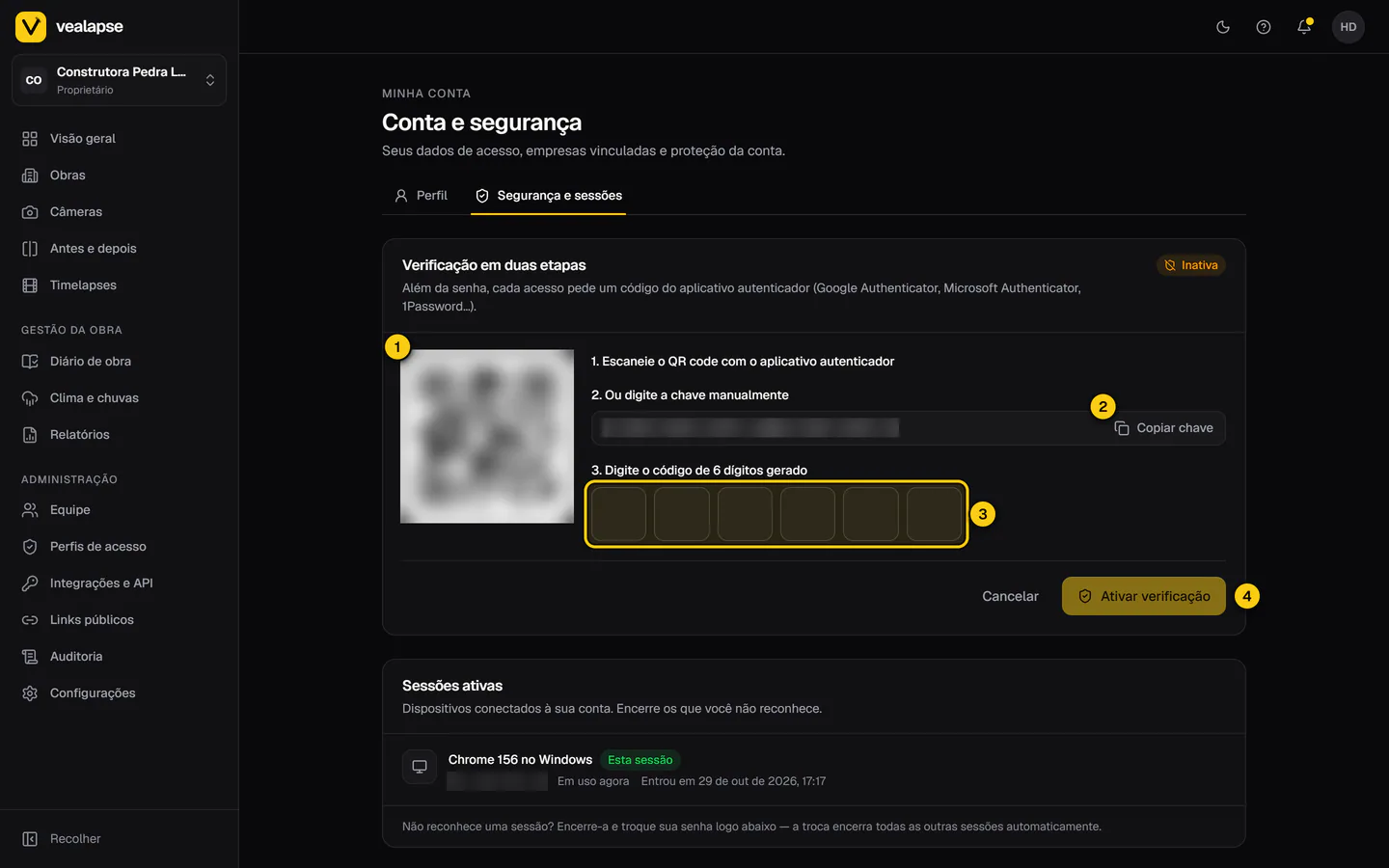 Cartão Verificação em duas etapas em Minha conta, com o QR code, a chave para digitar manualmente e o campo do código de 6 dígitos.