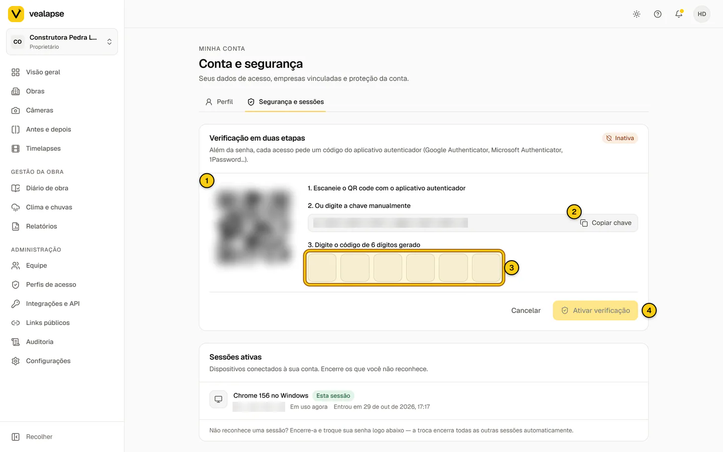 Cartão Verificação em duas etapas em Minha conta, com o QR code, a chave para digitar manualmente e o campo do código de 6 dígitos.