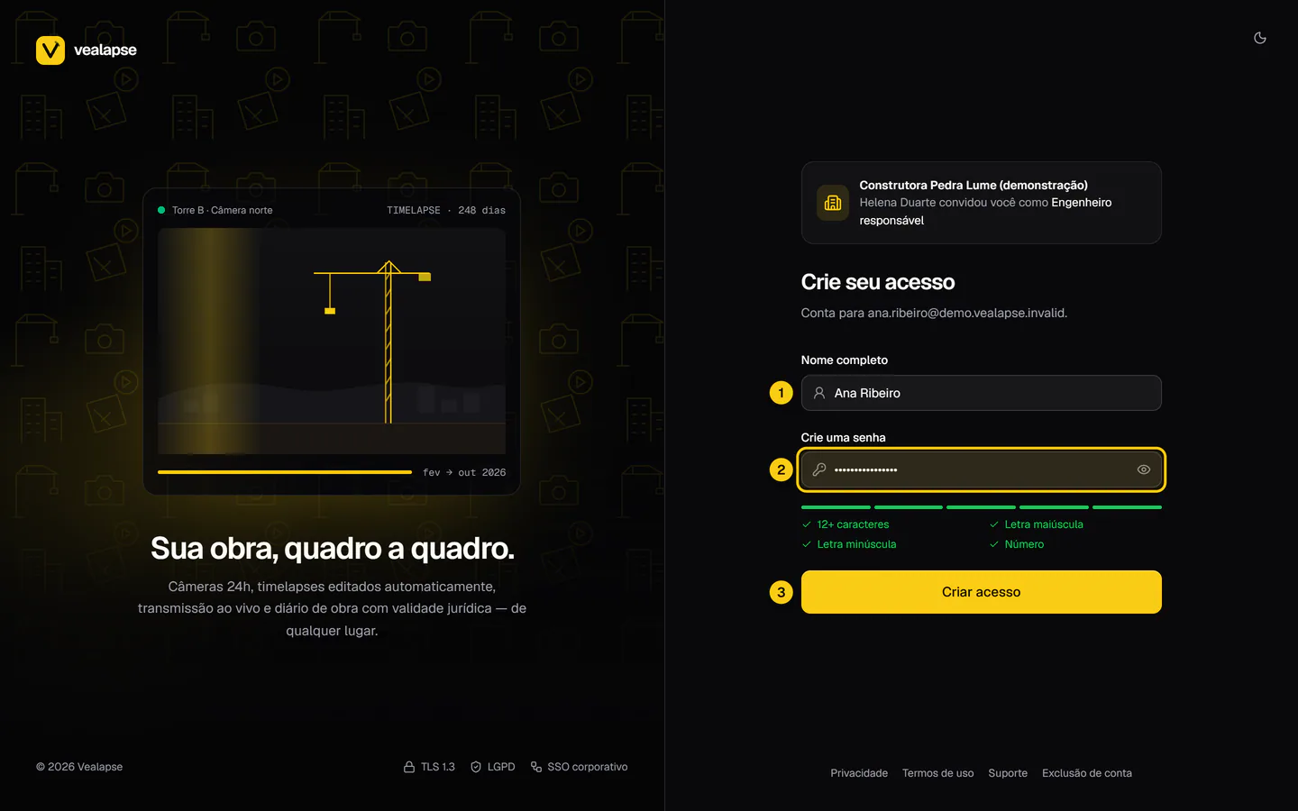 Formulário "Crie seu acesso" com os campos Nome completo e Crie uma senha, o medidor de força da senha e o botão Criar acesso.