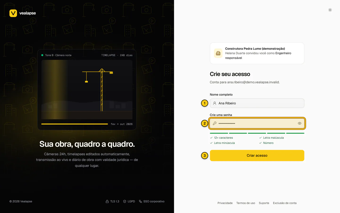 Formulário "Crie seu acesso" com os campos Nome completo e Crie uma senha, o medidor de força da senha e o botão Criar acesso.