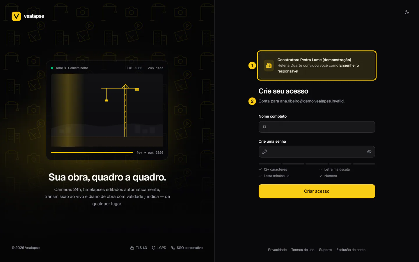 Tela do convite com o nome da empresa, quem convidou e o perfil de acesso, acima do formulário "Crie seu acesso".