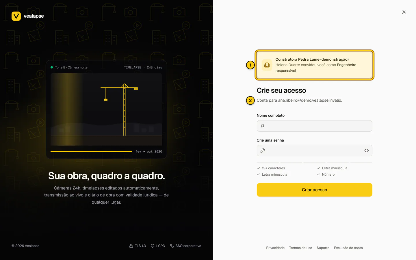 Tela do convite com o nome da empresa, quem convidou e o perfil de acesso, acima do formulário "Crie seu acesso".