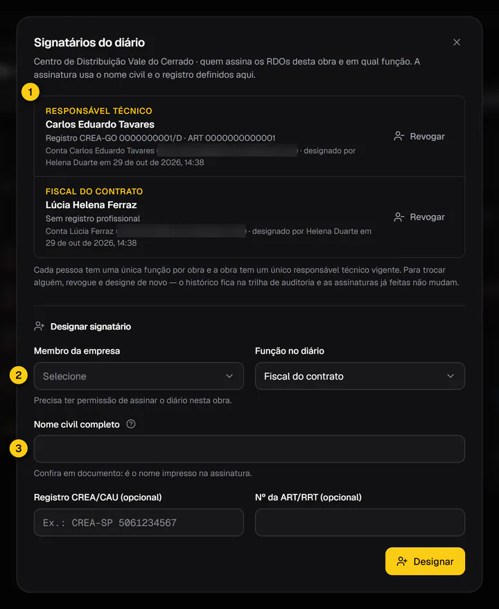 Diálogo Signatários do diário com a lista de signatários designados e o formulário Designar signatário.