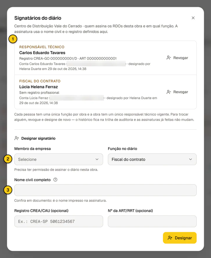 Diálogo Signatários do diário com a lista de signatários designados e o formulário Designar signatário.
