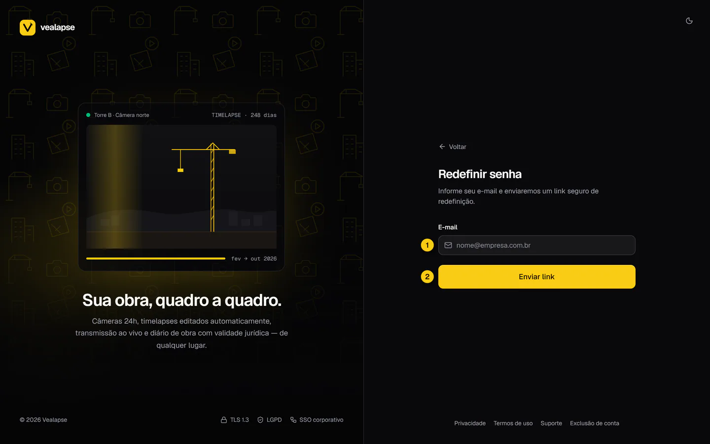 Tela Redefinir senha, com o campo E-mail e o botão Enviar link.