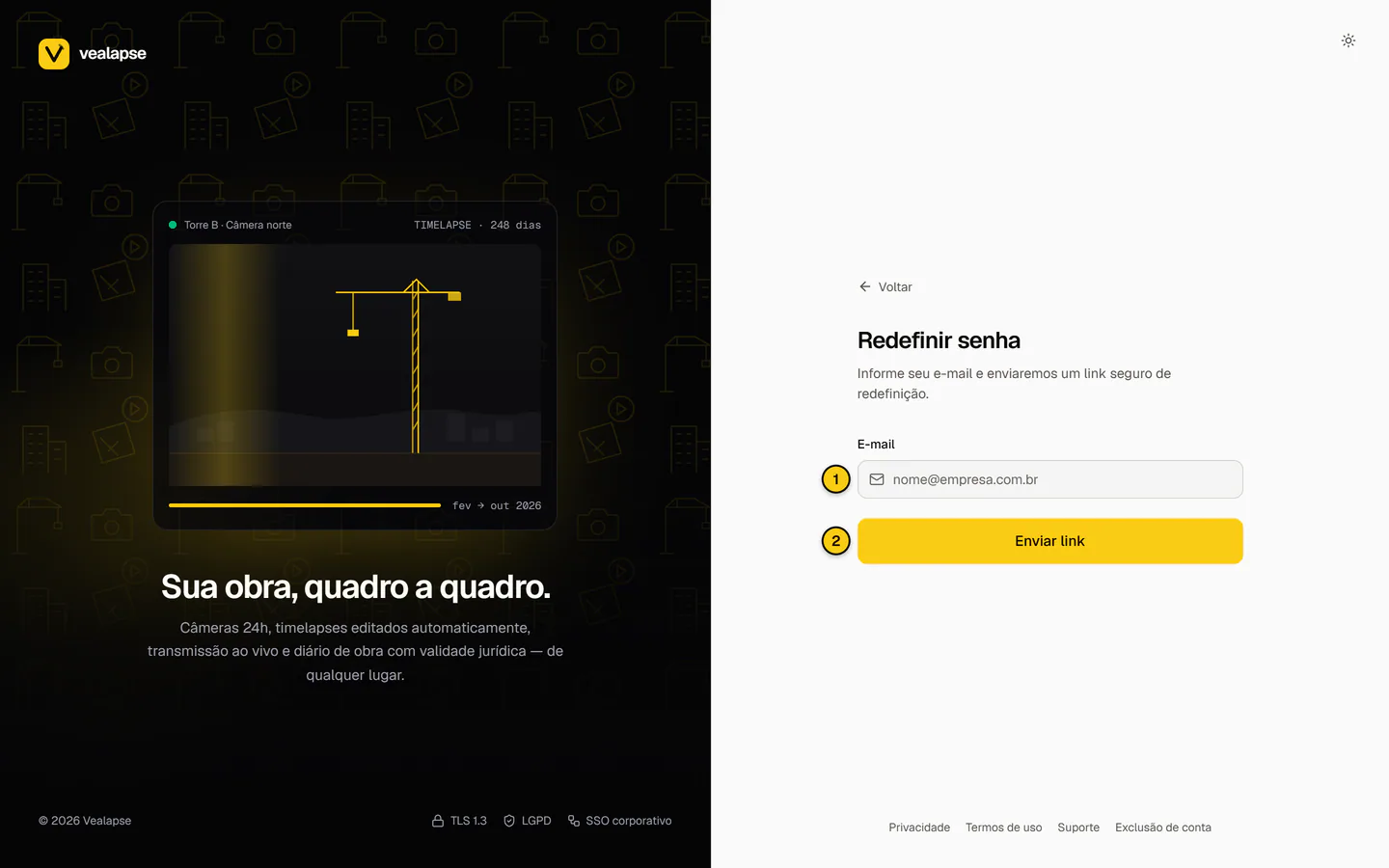 Tela Redefinir senha, com o campo E-mail e o botão Enviar link.