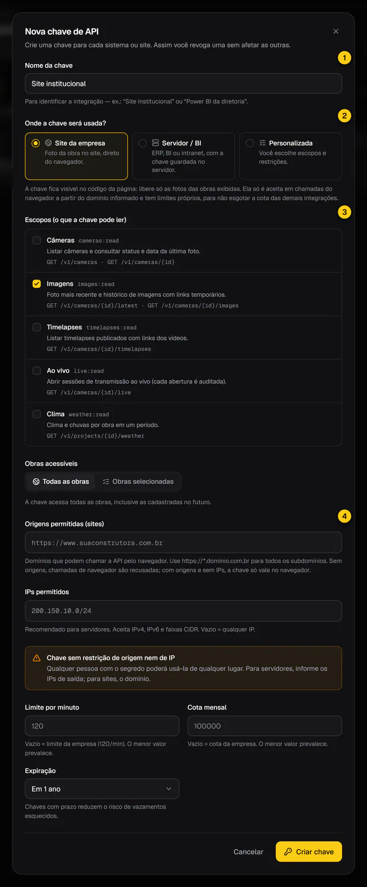Diálogo Nova chave de API com o nome da chave, a escolha Onde a chave será usada e a lista de escopos.