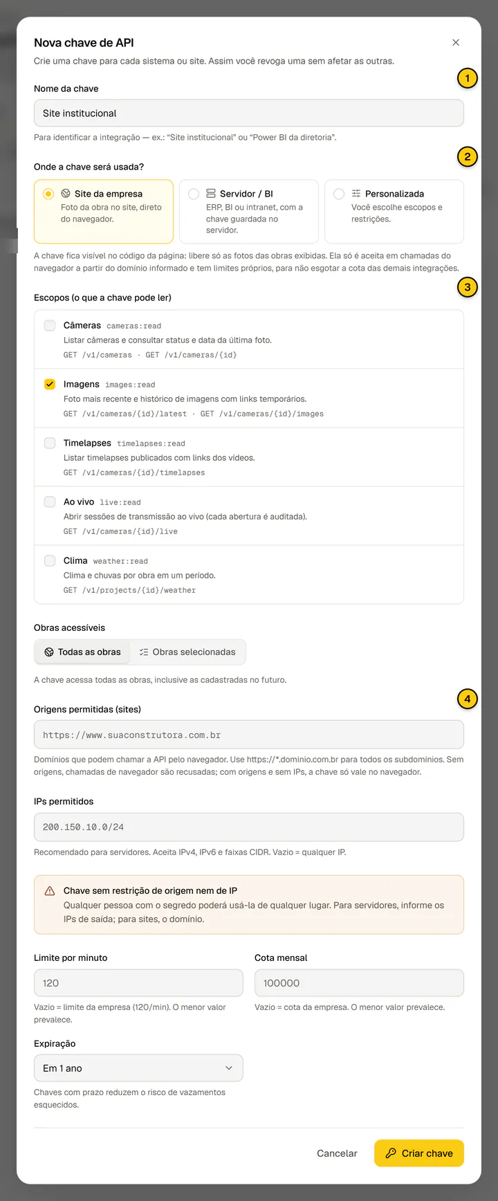 Diálogo Nova chave de API com o nome da chave, a escolha Onde a chave será usada e a lista de escopos.