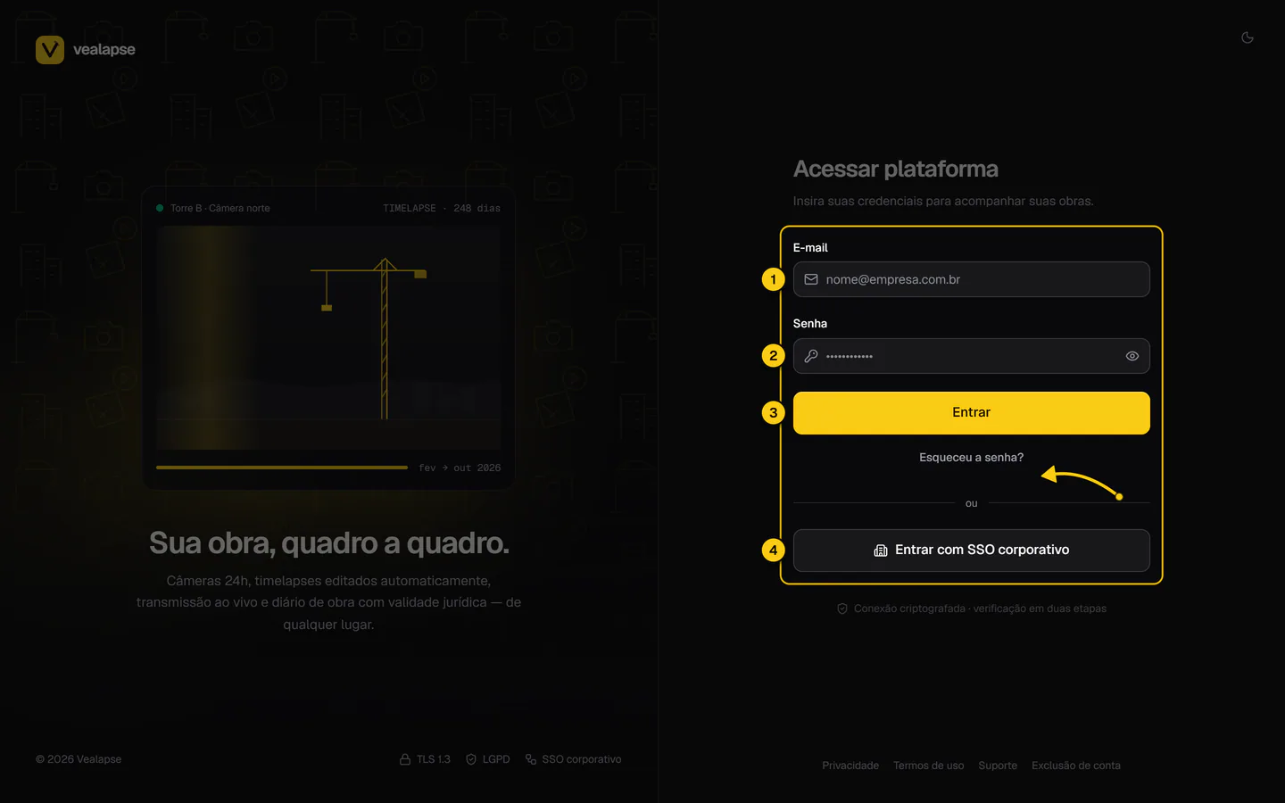 Tela Acessar plataforma, com os campos E-mail e Senha, o botão Entrar, o link Esqueceu a senha? e o botão Entrar com SSO corporativo.