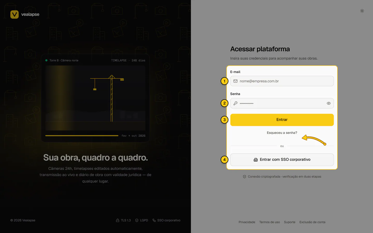 Tela Acessar plataforma, com os campos E-mail e Senha, o botão Entrar, o link Esqueceu a senha? e o botão Entrar com SSO corporativo.