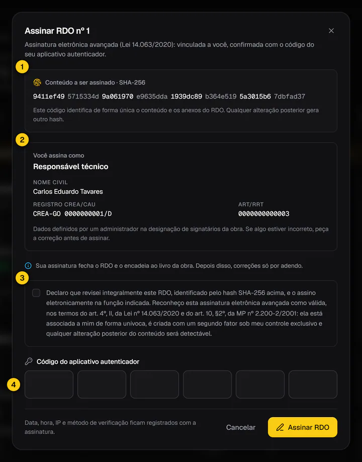 Diálogo Assinar RDO com o hash SHA-256 do conteúdo, a designação de quem assina, a declaração de concordância e o campo do código do aplicativo autenticador.