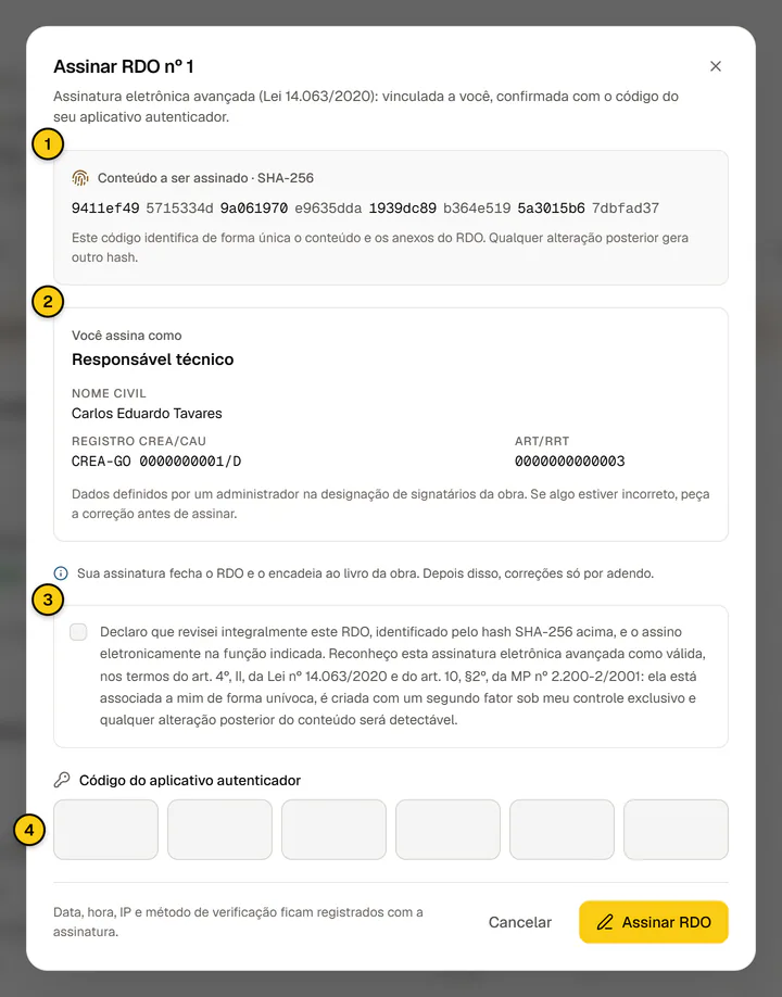 Diálogo Assinar RDO com o hash SHA-256 do conteúdo, a designação de quem assina, a declaração de concordância e o campo do código do aplicativo autenticador.