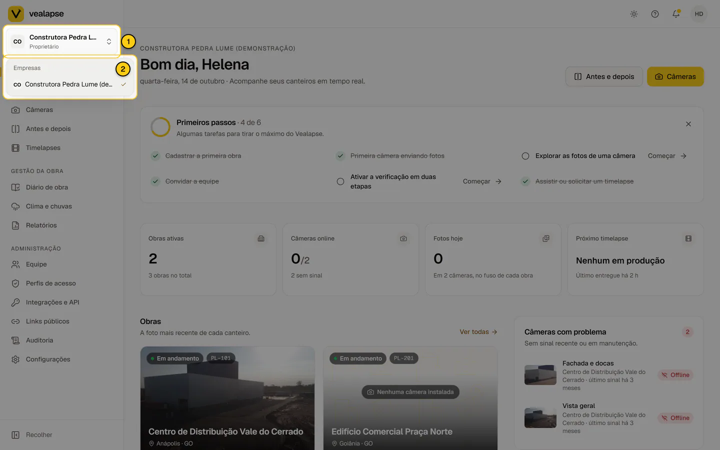 Seletor de empresa aberto no topo do menu lateral, com a lista Empresas e a empresa atual marcada.