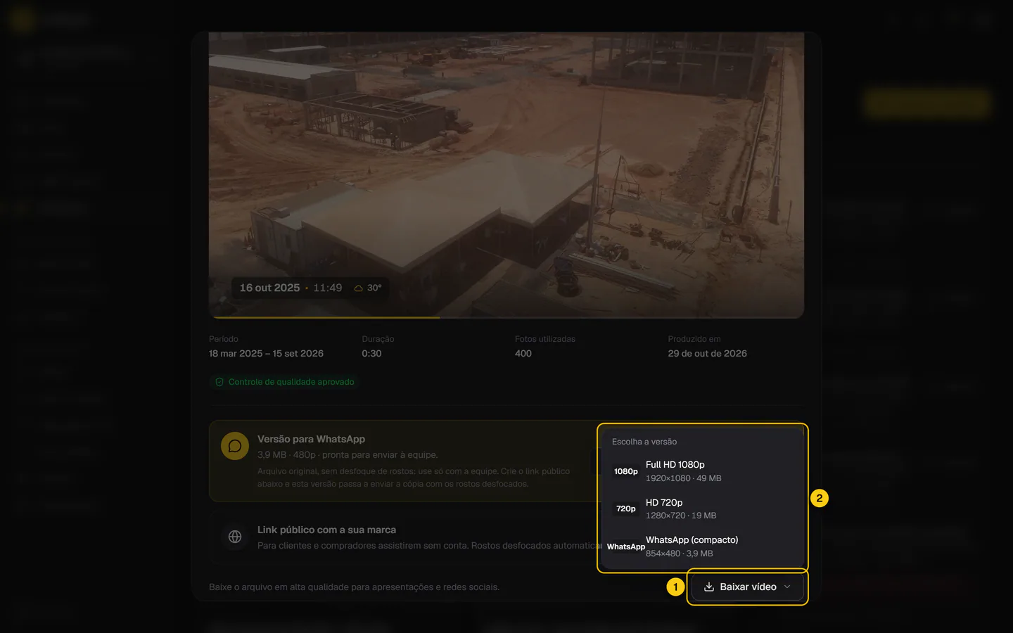 Menu Baixar vídeo aberto, com as versões disponíveis (4K, Full HD, HD e WhatsApp), resolução e tamanho de cada uma.