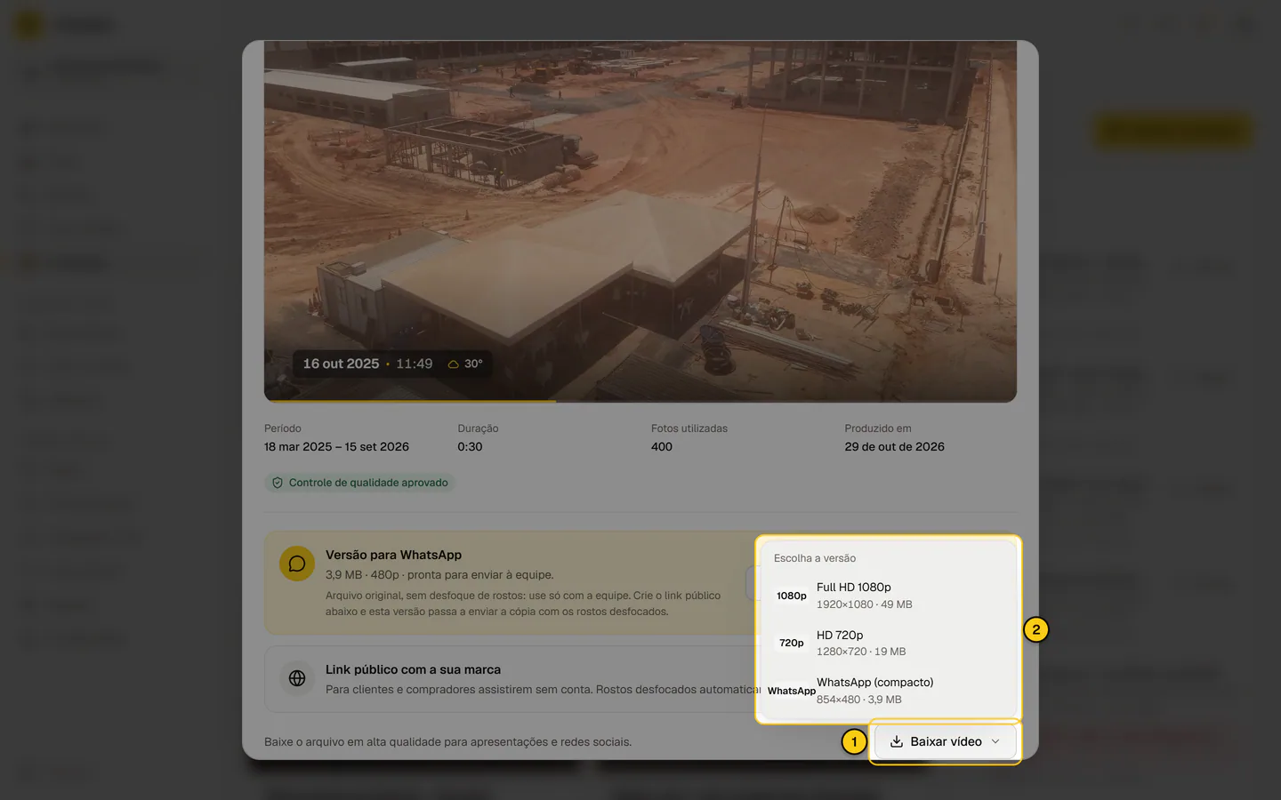 Menu Baixar vídeo aberto, com as versões disponíveis (4K, Full HD, HD e WhatsApp), resolução e tamanho de cada uma.