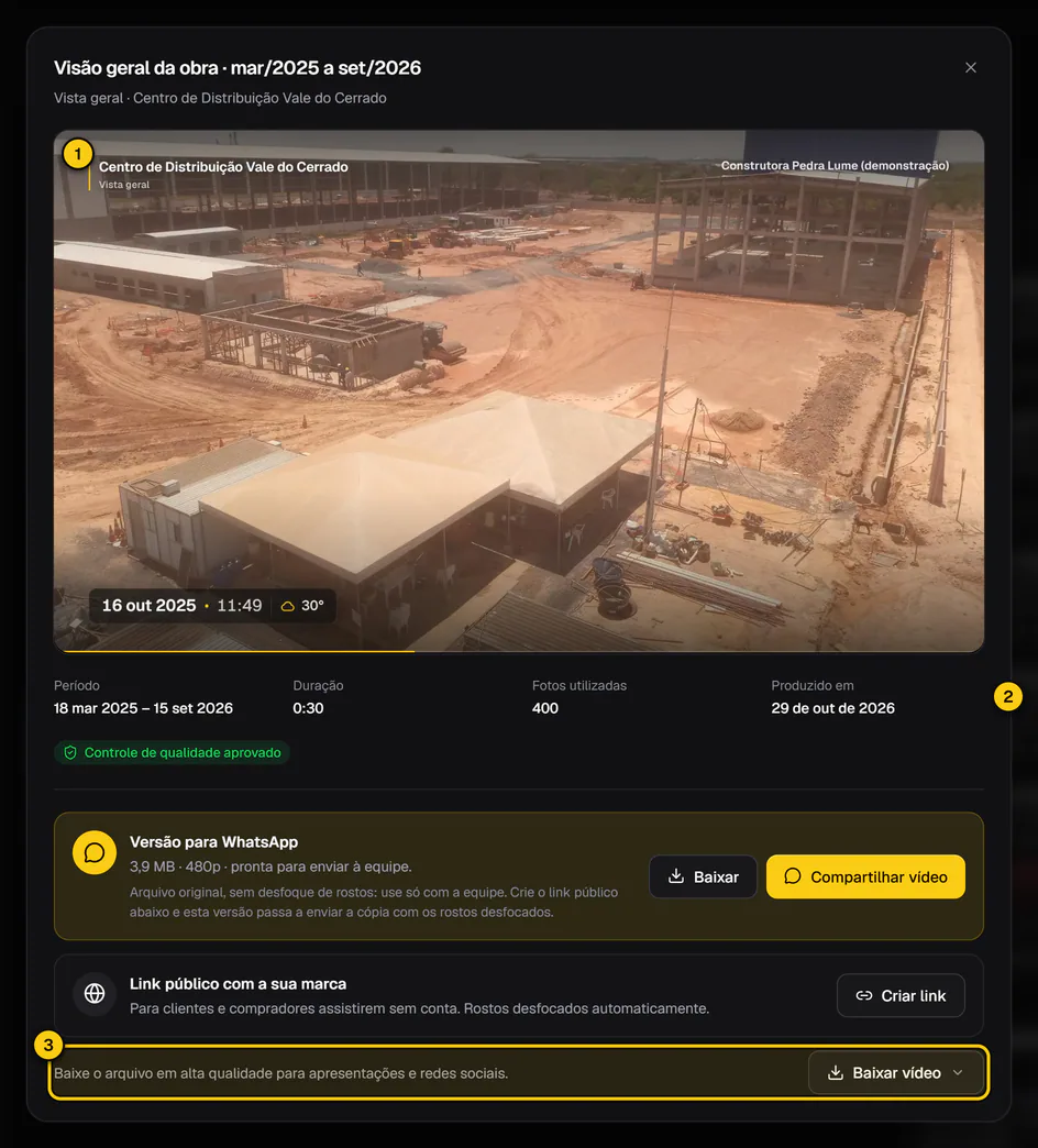 Timelapse aberto no player, com período, duração, fotos utilizadas e data de produção abaixo do vídeo.