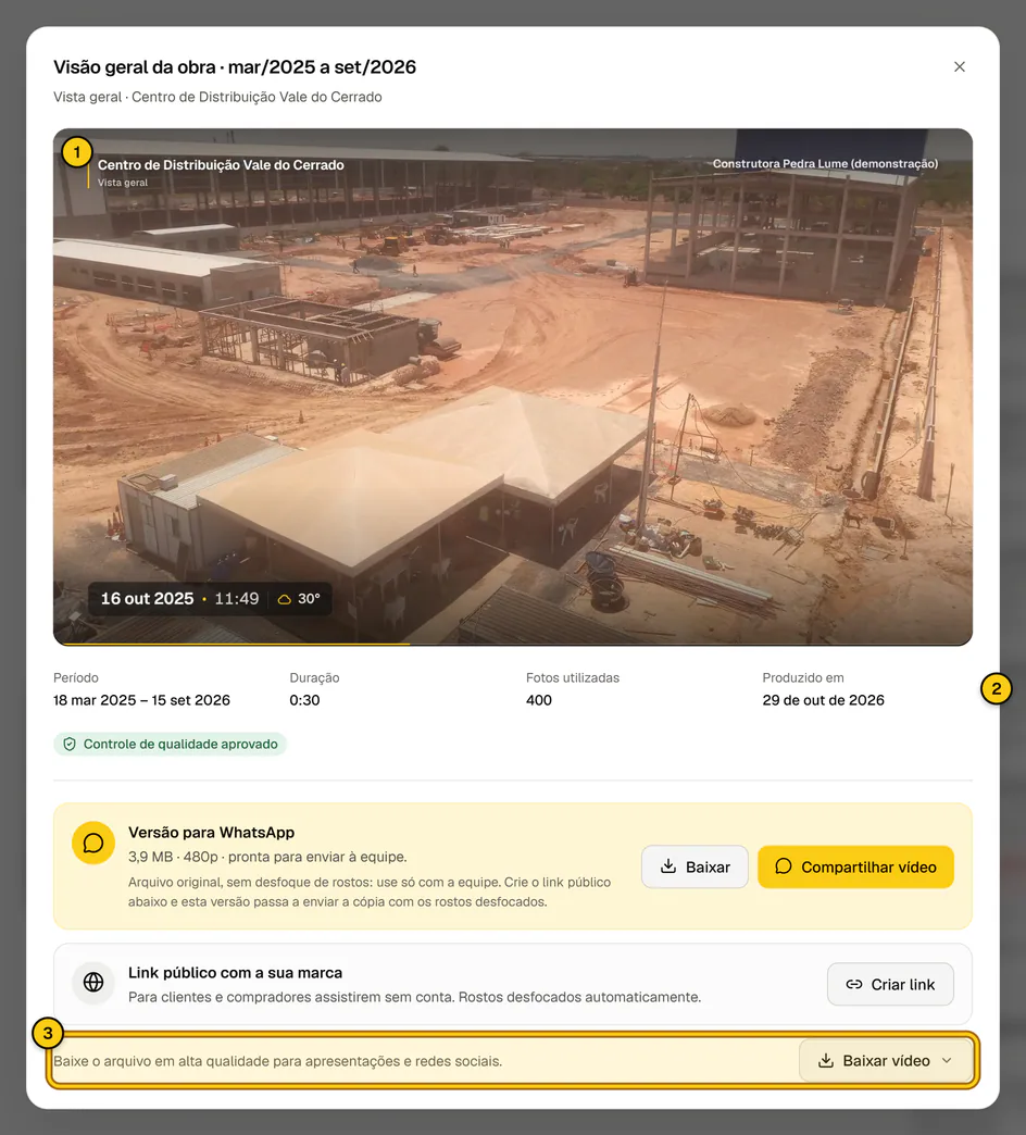 Timelapse aberto no player, com período, duração, fotos utilizadas e data de produção abaixo do vídeo.